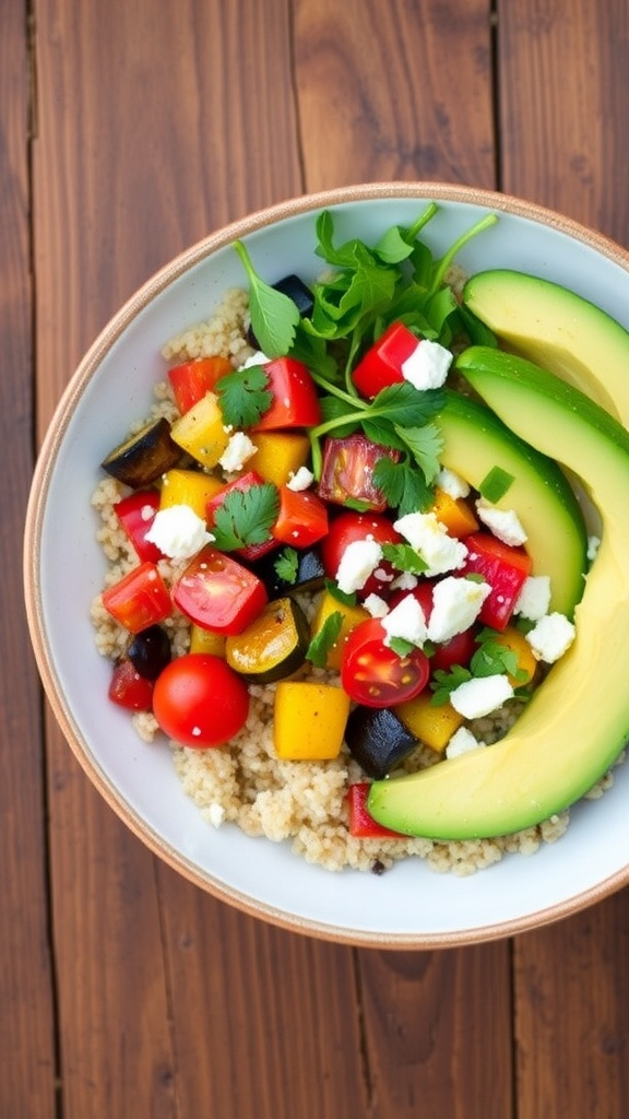A healthy loaded quinoa bowl with quinoa, roasted vegetables, avocado, feta, and greens on a wooden table.